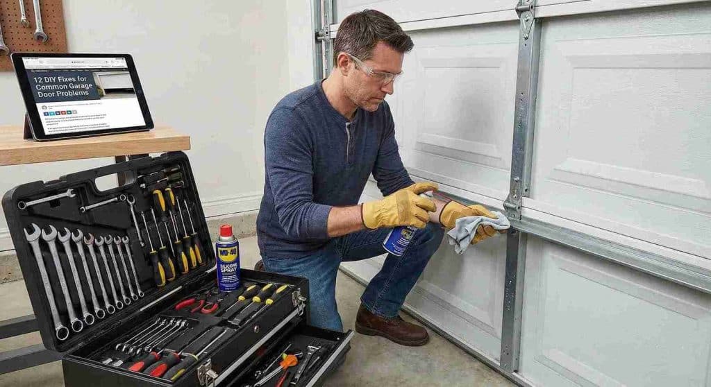 A homeowner wearing safety glasses and gloves lubricates a garage door track with spray, following a DIY repair guide displayed on a tablet next to an open toolbox.