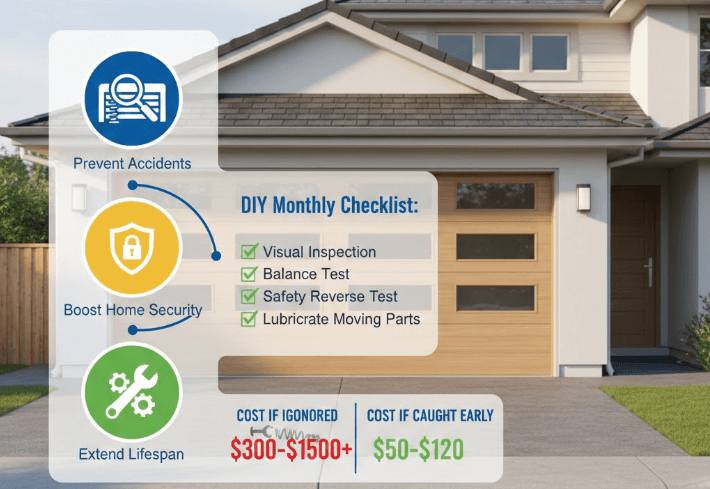 A comprehensive garage door safety infographic showing a modern home with a DIY inspection checklist, highlighting benefits like accident prevention, improved security, and cost savings from early repairs.